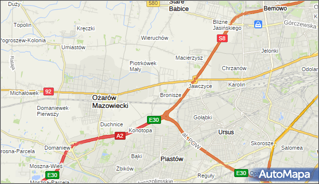 mapa Bronisze gmina Ożarów Mazowiecki, Bronisze gmina Ożarów Mazowiecki na mapie Targeo