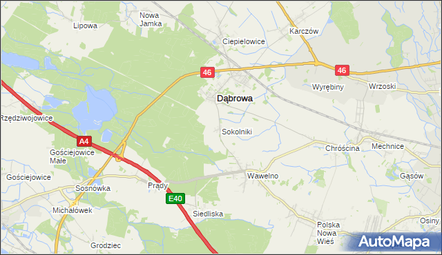 mapa Sokolniki gmina Dąbrowa, Sokolniki gmina Dąbrowa na mapie Targeo