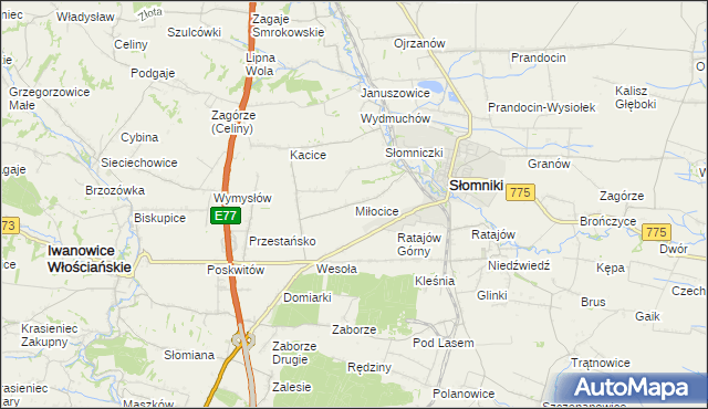 mapa Miłocice gmina Słomniki, Miłocice gmina Słomniki na mapie Targeo