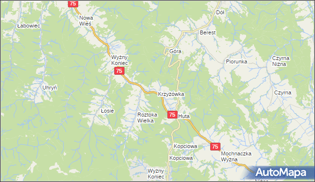 mapa Krzyżówka gmina Łabowa, Krzyżówka gmina Łabowa na mapie Targeo