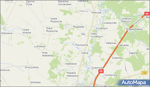 mapa Pokrzywna gmina Rawa Mazowiecka, Pokrzywna gmina Rawa Mazowiecka na mapie Targeo