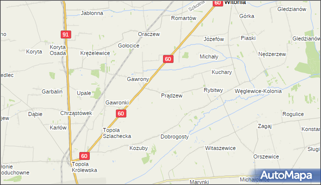 mapa Prądzew gmina Łęczyca, Prądzew gmina Łęczyca na mapie Targeo