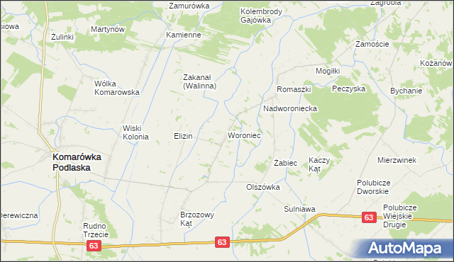mapa Woroniec gmina Komarówka Podlaska, Woroniec gmina Komarówka Podlaska na mapie Targeo