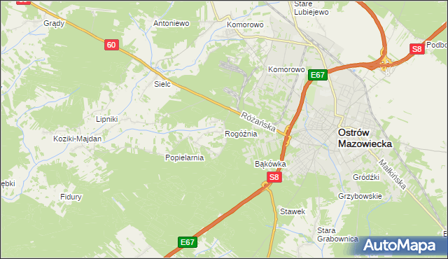 mapa Rogóźnia gmina Ostrów Mazowiecka, Rogóźnia gmina Ostrów Mazowiecka na mapie Targeo