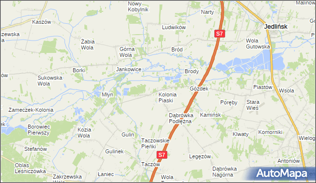 mapa Kolonia Piaski gmina Zakrzew, Kolonia Piaski gmina Zakrzew na mapie Targeo