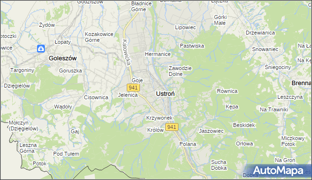 mapa Ustroń powiat cieszyński, Ustroń powiat cieszyński na mapie Targeo
