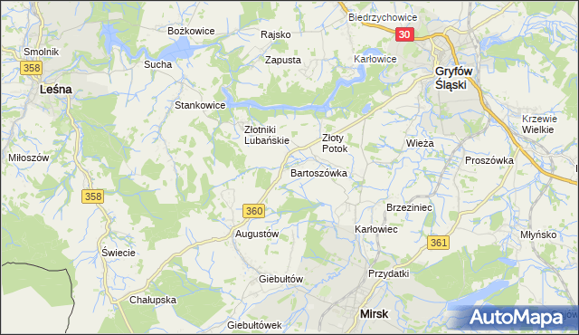 mapa Bartoszówka gmina Leśna, Bartoszówka gmina Leśna na mapie Targeo