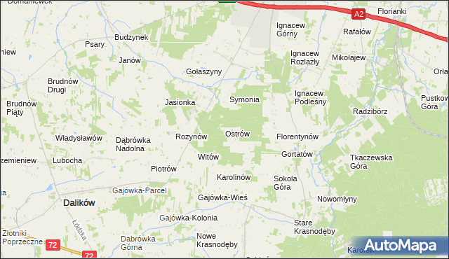 mapa Ostrów gmina Dalików, Ostrów gmina Dalików na mapie Targeo