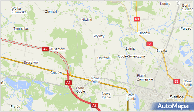 mapa Ostrówek gmina Siedlce, Ostrówek gmina Siedlce na mapie Targeo