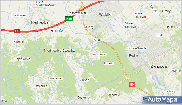 mapa Tomaszew gmina Wiskitki, Tomaszew gmina Wiskitki na mapie Targeo