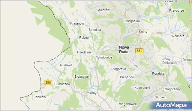 mapa Włodowice gmina Nowa Ruda, Włodowice gmina Nowa Ruda na mapie Targeo