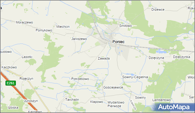 mapa Zawada gmina Poniec, Zawada gmina Poniec na mapie Targeo