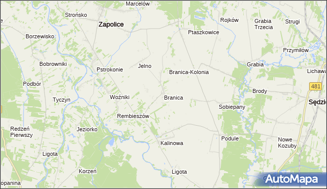 mapa Branica gmina Zapolice, Branica gmina Zapolice na mapie Targeo