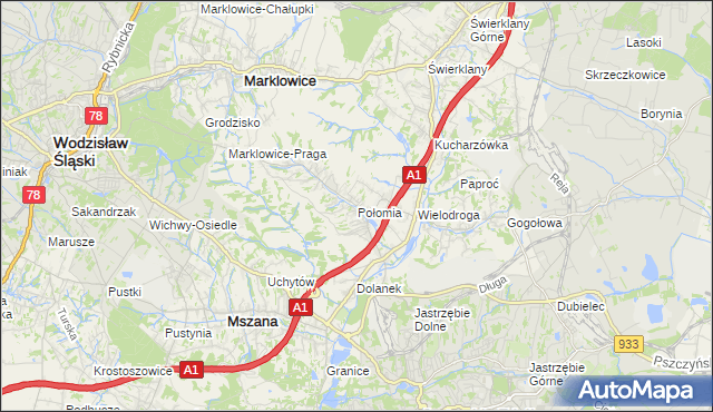 mapa Połomia gmina Mszana, Połomia gmina Mszana na mapie Targeo