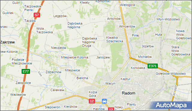 mapa Janiszew gmina Zakrzew, Janiszew gmina Zakrzew na mapie Targeo