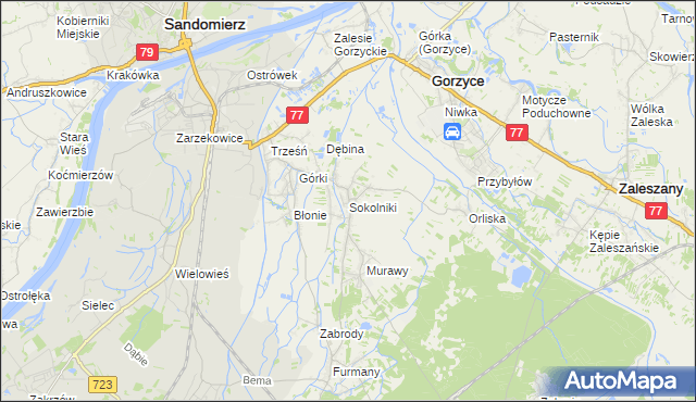 mapa Sokolniki gmina Gorzyce, Sokolniki gmina Gorzyce na mapie Targeo