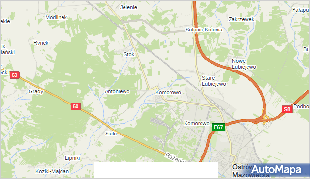 mapa Komorowo gmina Ostrów Mazowiecka, Komorowo gmina Ostrów Mazowiecka na mapie Targeo