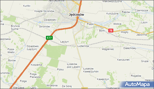 mapa Ludwinów gmina Jędrzejów, Ludwinów gmina Jędrzejów na mapie Targeo