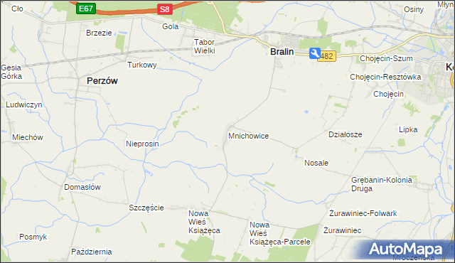 mapa Mnichowice gmina Bralin, Mnichowice gmina Bralin na mapie Targeo