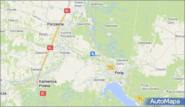 mapa Osiny gmina Kamienica Polska, Osiny gmina Kamienica Polska na mapie Targeo