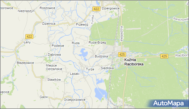 mapa Budziska gmina Kuźnia Raciborska, Budziska gmina Kuźnia Raciborska na mapie Targeo