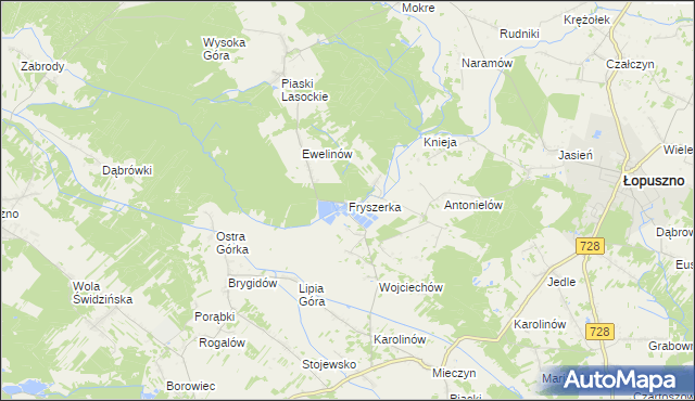 mapa Fryszerka gmina Łopuszno, Fryszerka gmina Łopuszno na mapie Targeo