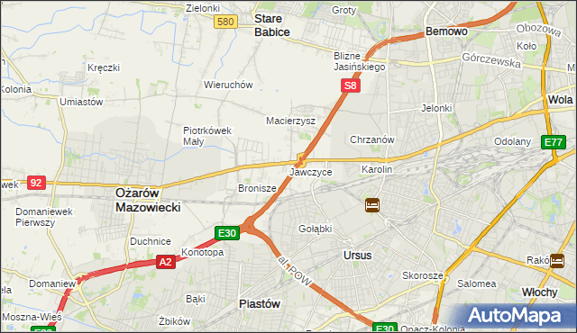 mapa Jawczyce gmina Ożarów Mazowiecki, Jawczyce gmina Ożarów Mazowiecki na mapie Targeo