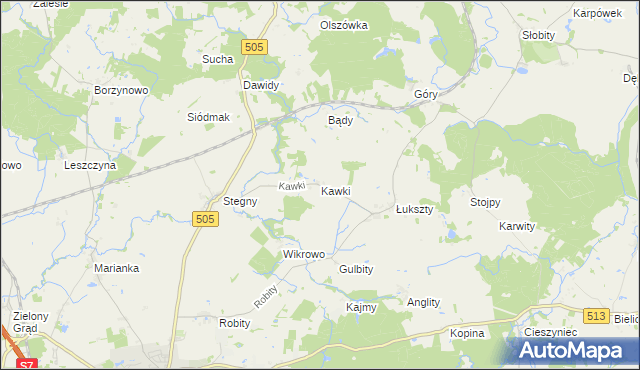 mapa Kawki gmina Pasłęk, Kawki gmina Pasłęk na mapie Targeo