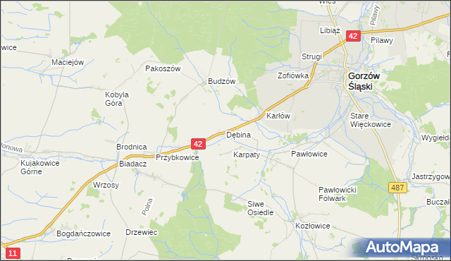 mapa Dębina gmina Gorzów Śląski, Dębina gmina Gorzów Śląski na mapie Targeo