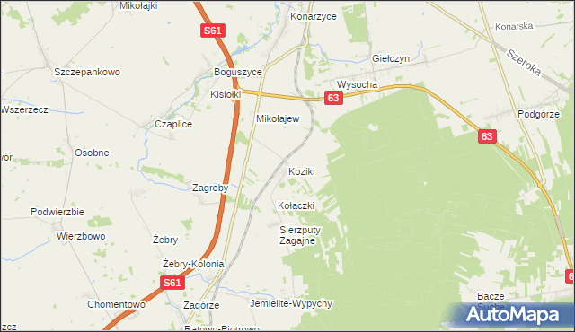 mapa Koziki gmina Śniadowo, Koziki gmina Śniadowo na mapie Targeo