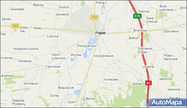 mapa Krzyszkowice gmina Piątek, Krzyszkowice gmina Piątek na mapie Targeo