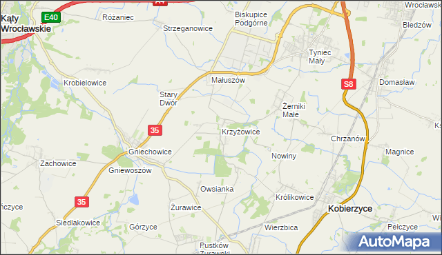 mapa Krzyżowice gmina Kobierzyce, Krzyżowice gmina Kobierzyce na mapie Targeo