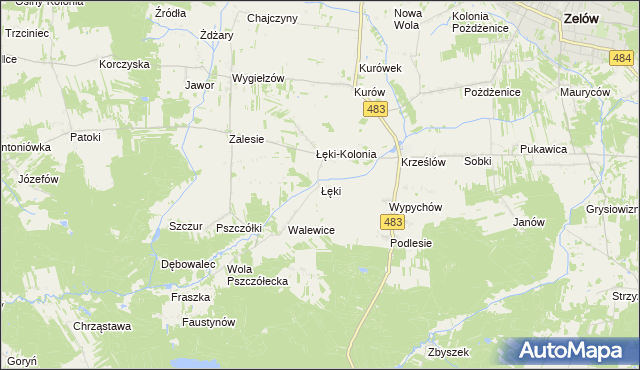 mapa Łęki gmina Zelów, Łęki gmina Zelów na mapie Targeo