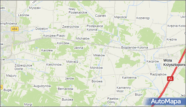 mapa Miłaków gmina Wola Krzysztoporska, Miłaków gmina Wola Krzysztoporska na mapie Targeo