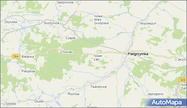 mapa Nowe Łąki gmina Pielgrzymka, Nowe Łąki gmina Pielgrzymka na mapie Targeo