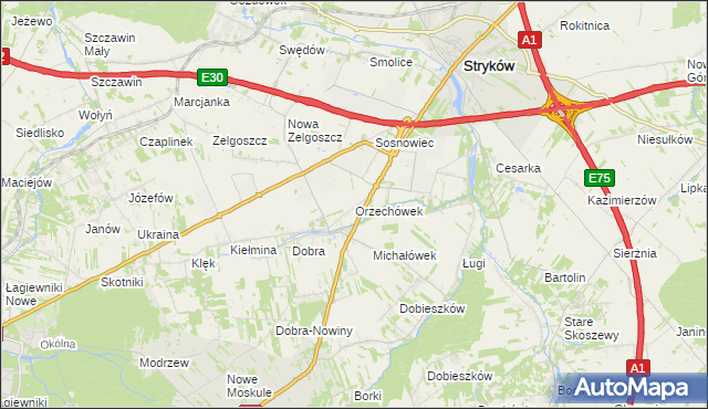 mapa Orzechówek gmina Stryków, Orzechówek gmina Stryków na mapie Targeo