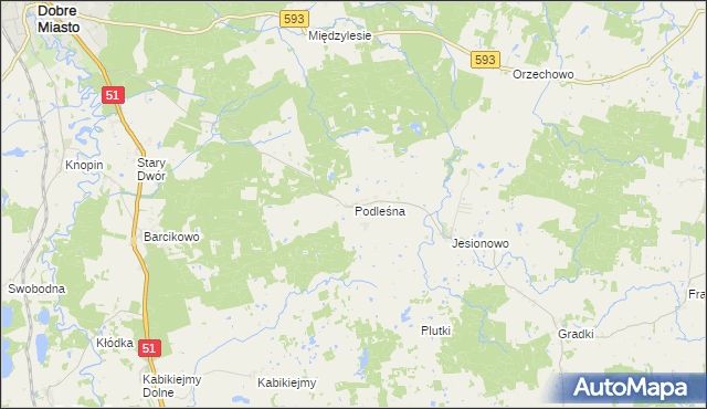 mapa Podleśna gmina Dobre Miasto, Podleśna gmina Dobre Miasto na mapie Targeo