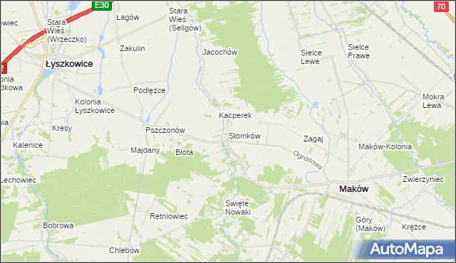 mapa Słomków gmina Maków, Słomków gmina Maków na mapie Targeo