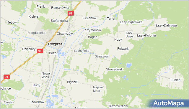 mapa Straszów gmina Rozprza, Straszów gmina Rozprza na mapie Targeo