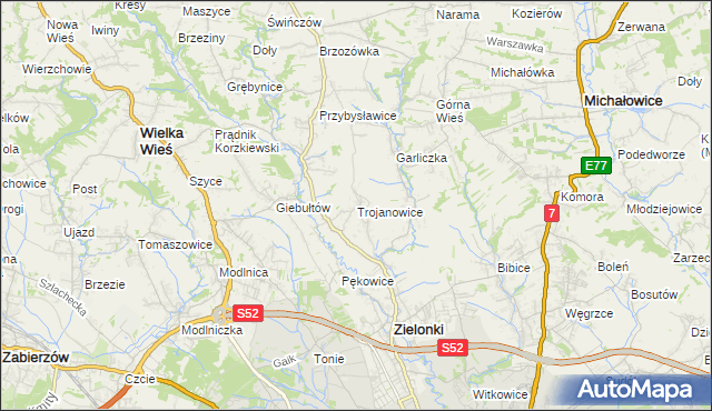 mapa Trojanowice gmina Zielonki, Trojanowice gmina Zielonki na mapie Targeo