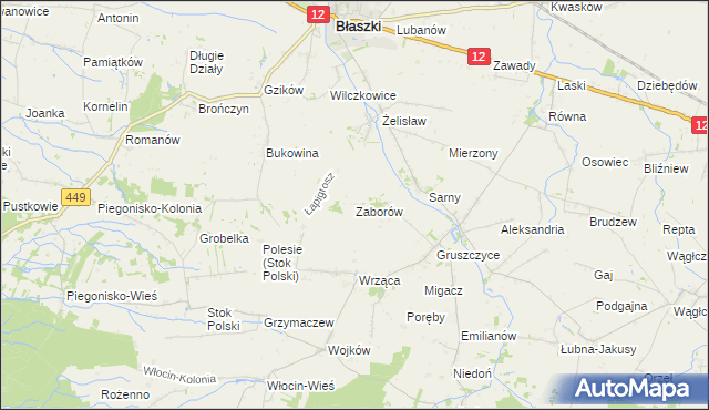mapa Zaborów gmina Błaszki, Zaborów gmina Błaszki na mapie Targeo