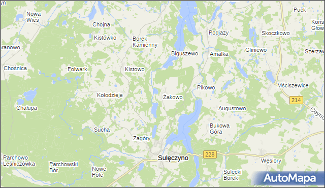 mapa Żakowo gmina Sulęczyno, Żakowo gmina Sulęczyno na mapie Targeo