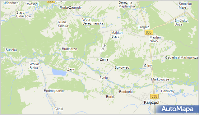 mapa Zanie gmina Księżpol, Zanie gmina Księżpol na mapie Targeo