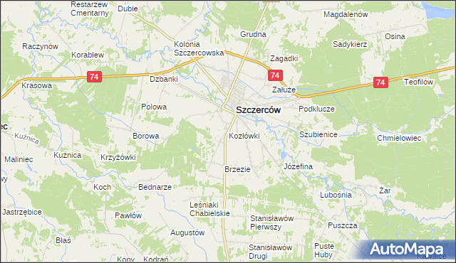 mapa Kozłówki gmina Szczerców, Kozłówki gmina Szczerców na mapie Targeo
