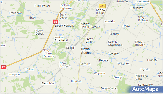 mapa Nowa Sucha powiat sochaczewski, Nowa Sucha powiat sochaczewski na mapie Targeo