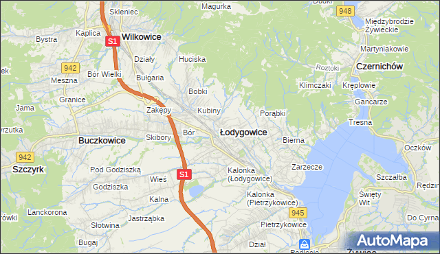 mapa Łodygowice powiat żywiecki, Łodygowice powiat żywiecki na mapie Targeo