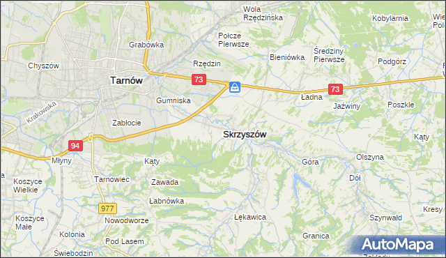 mapa Skrzyszów powiat tarnowski, Skrzyszów powiat tarnowski na mapie Targeo