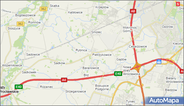 mapa Pietrzykowice gmina Kąty Wrocławskie, Pietrzykowice gmina Kąty Wrocławskie na mapie Targeo