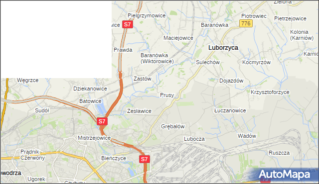 mapa Prusy gmina Kocmyrzów-Luborzyca, Prusy gmina Kocmyrzów-Luborzyca na mapie Targeo