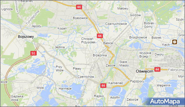 mapa Brzezinka gmina Oświęcim, Brzezinka gmina Oświęcim na mapie Targeo